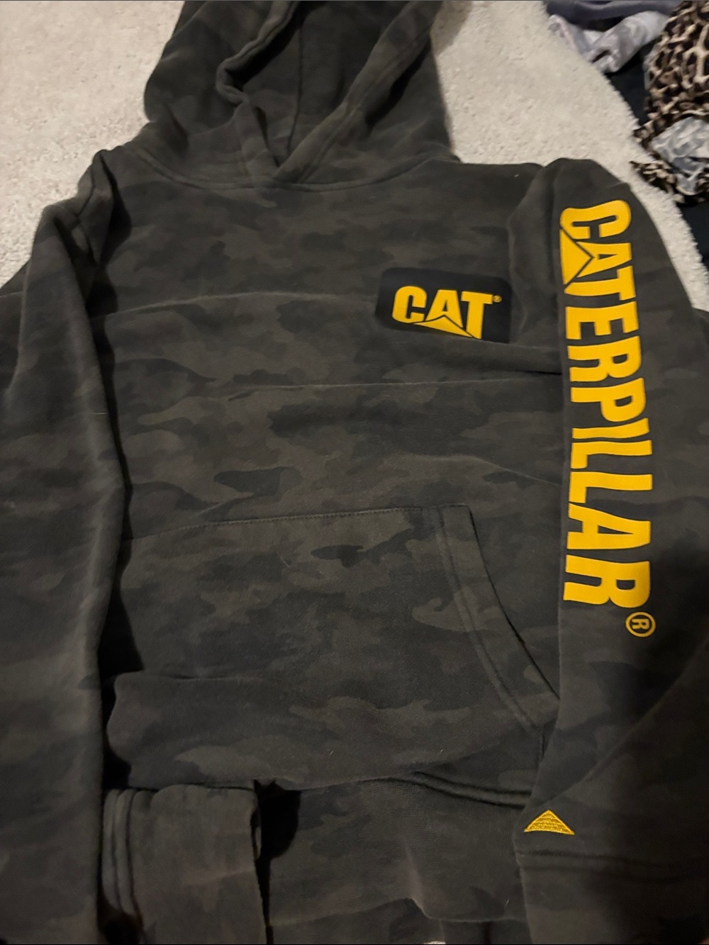 Caterpillar Dark Grey Camo Hoodie with Yellow Logo